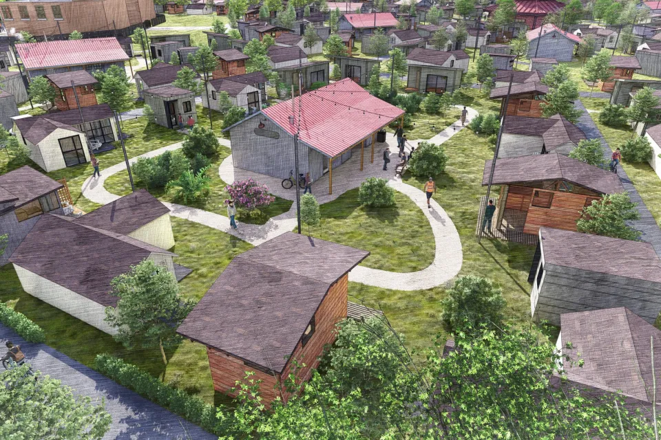 Rendering of tiny houses in garden setting